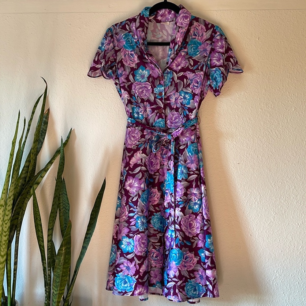 Vintage Floral Flutter Sleeve Dress Large